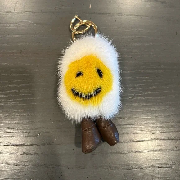 Egg Yolk Smiley Face Faux Fur Keychain - Picture 1 of 4